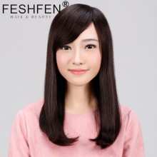 FESHFEN真發(fā)假發(fā)中長(zhǎng)發(fā)梨花頭真人發(fā)絲時(shí)尚女士逼真機(jī)制手織頭套