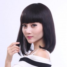 FESHFEN真發(fā)假發(fā)女時尚短發(fā)短直發(fā)齊劉海梨花頭真人發(fā)絲手織頭套